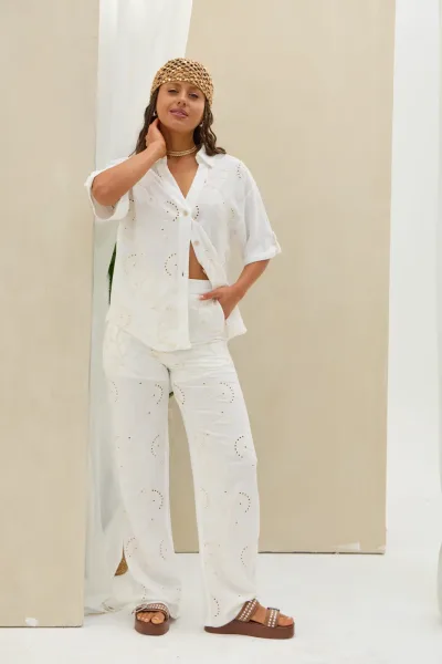 Pantalon Bordado Lino Blanco