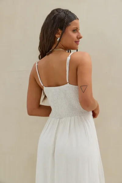 Vestido Bordado Lino Beige