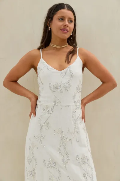 Vestido Bordado Lino Beige