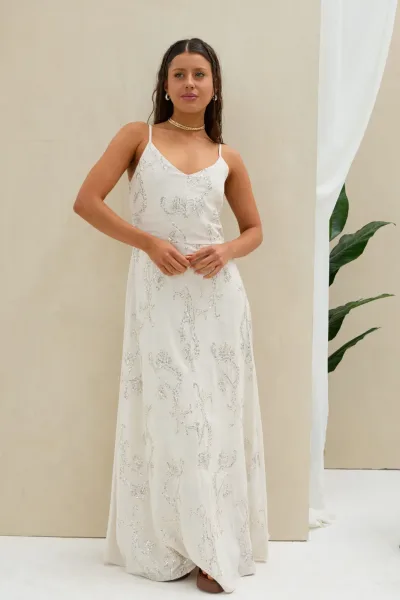 Vestido Bordado Lino Beige